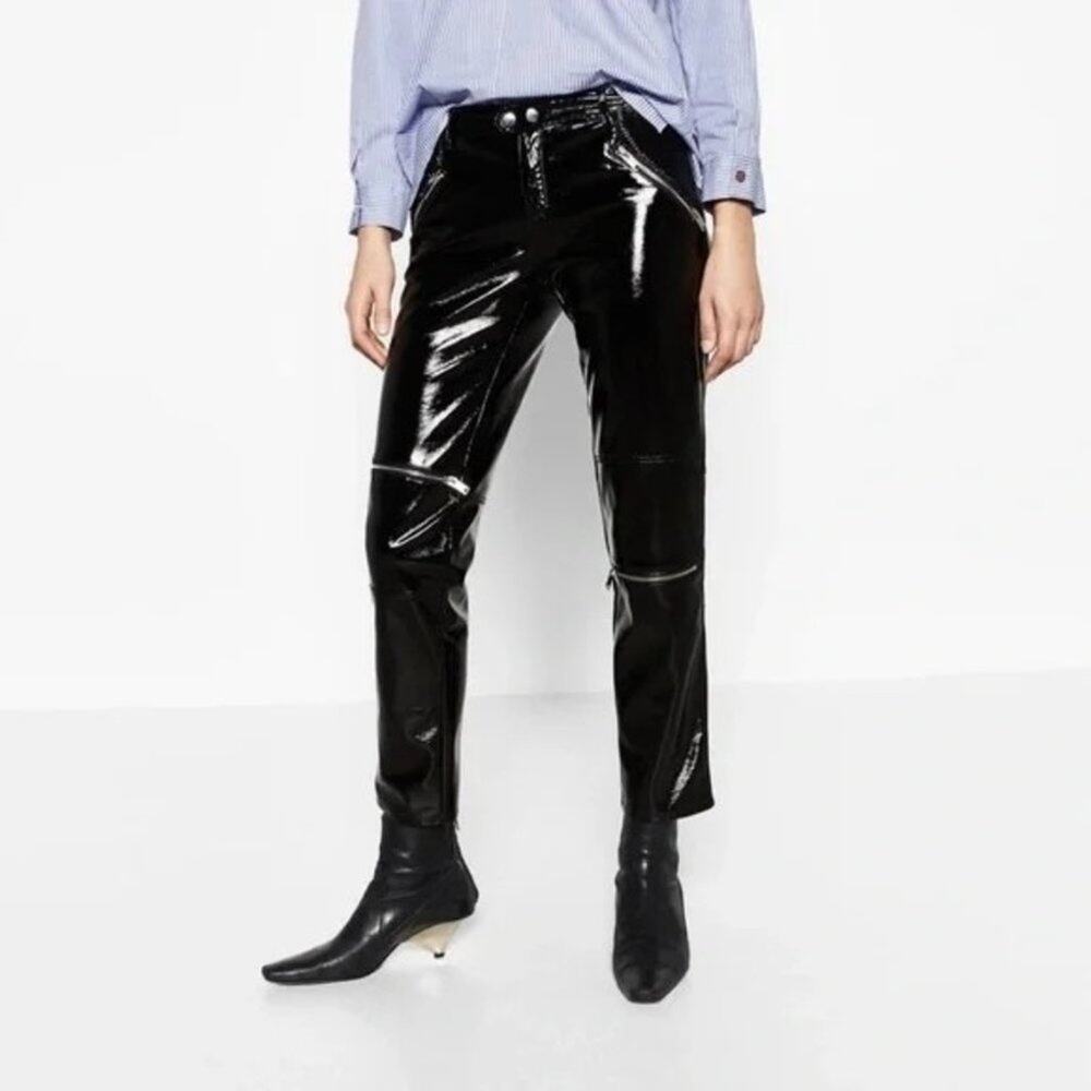 Zara Black Patent Pleather Biker Moto Zipper Straight Leg Edgy Trendy Pants S